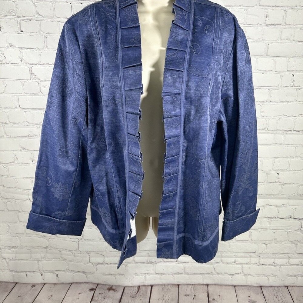Chico's Open Front Blazer Jacket Blue Cotton Blend Floral Ruffle Women’s Size S